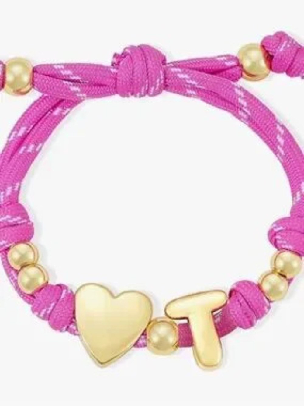 NEW 14K Gold Plated Pink Rope Bracelet with Gold Heart & 'T' Charms